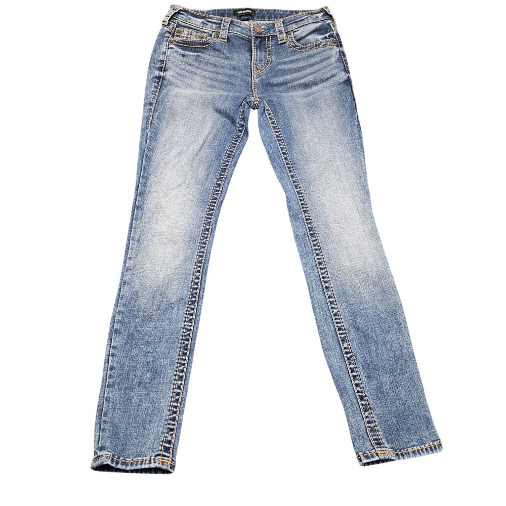True Religion Halle Skinny Jeans 28 Blue Wash Thick Stitch Y2K Denim